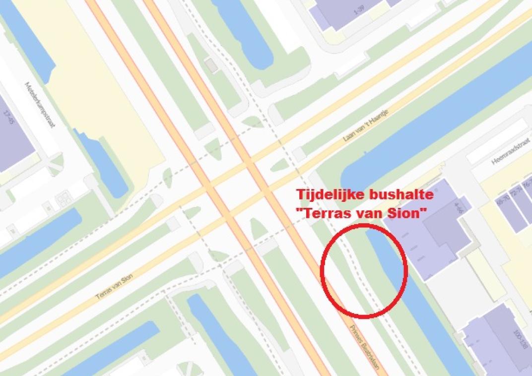 Een kaart waarop de tijdelijke bushalte Terras van Sion staat.