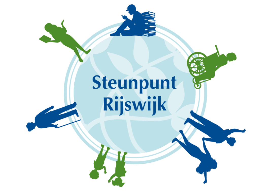 Wereldbol met daaromheen illustraties van mensen. In de wereldbol staat de tekst Steunpunt Rijswijk.