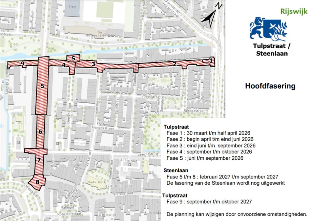 Kaart met 8 aangegeven gebieden voor de herinrichting op de Tulpstraat en Steenlaan.