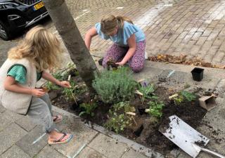 twee kinderen planten plantjes in een boomspiegel tijdens NK tegelwippen