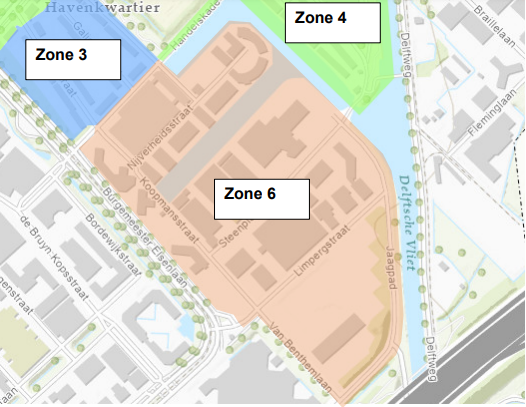 Kaart van parkeerzone 3,4 en 6 in Havenkwartier