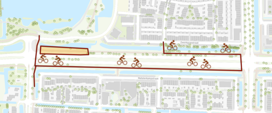 Fietsers worden omgeleid via het fietspad aan de overzijde.