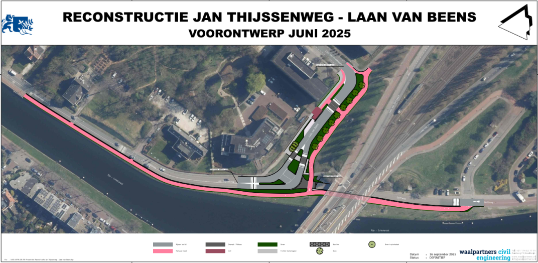 Kaart van de beoogde reconstructiewerkzaamheden aan de Jan Thijssenweg en de Laan van Beens