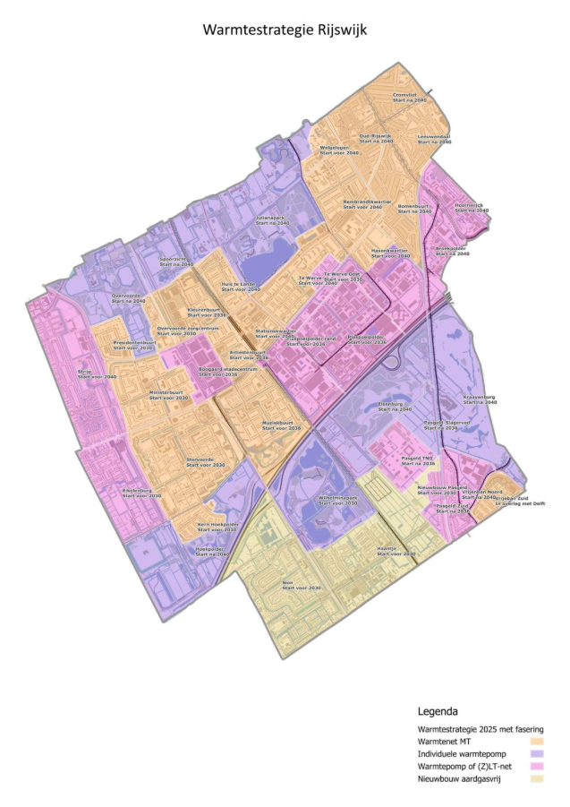 Een kaart van rijswijk met daarop fases van het warmteprogramma per gebied aangegeven