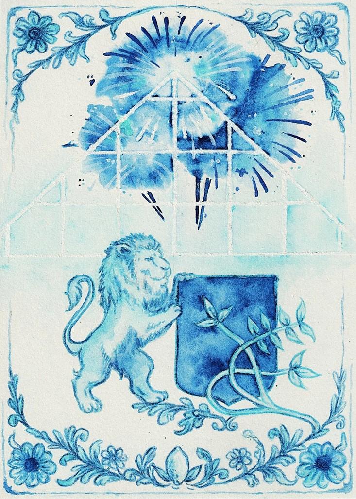 Leeuw met het wapen van Rijswijk afgebeeld in Delfts blauw