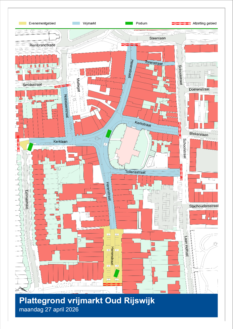 Kaart met straten van het gebied waar de vrijmarkt is