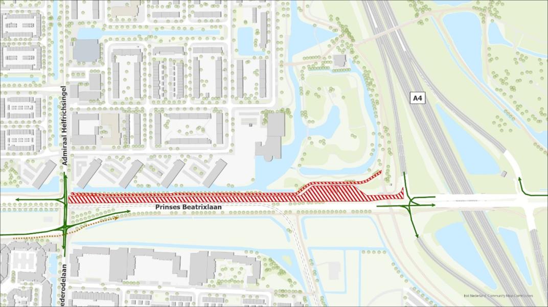 kaart van gebied in rijswijk met kleuren aangegeven op de weg