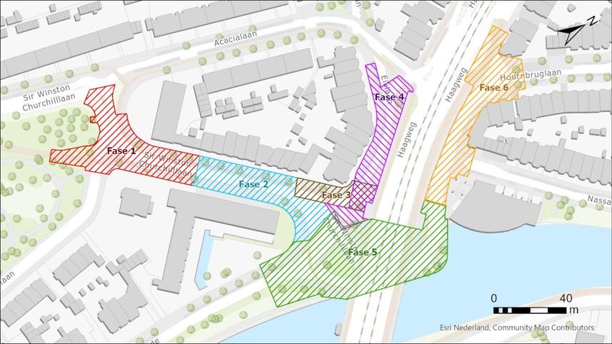 Plattegrond van het gebied met daarop verschillende kleuren belicht en fases hierin benoemd
