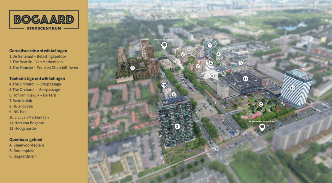 Een kaart van het gebied van de Bogaard Stadscentrum met daarop cijfers om aan te geven welk project waar is.